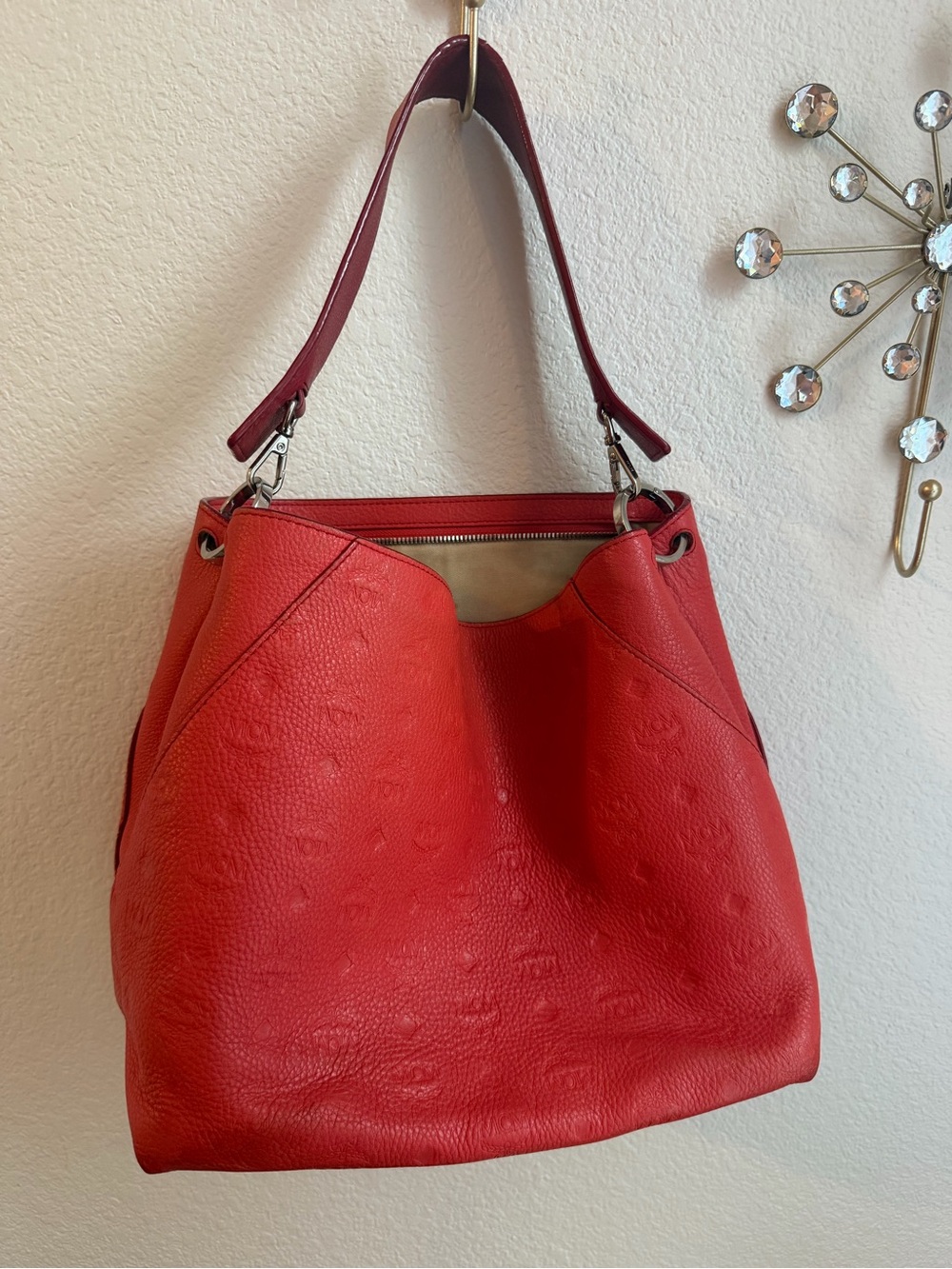 MCM Red Embossed Leather Shoulder Hobo - Picture 2 of 12